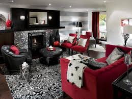 Stylish carpets on floor in modern kitchen. Beautiful Modern Decor Black And White Wall With Red Sofas Can Be Applied On The Grey Carpet It Also Has Polka White Cushion On The Seat Beside Gold Floor Lamp X