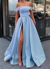 Light Blue Prom Dresses Off The Shoulder Evening Dresses A Line Prom Party Dresses Sb2013 Sweet Br In 2020 Trendy Prom Dresses Light Blue Prom Dress Satin Prom Dress