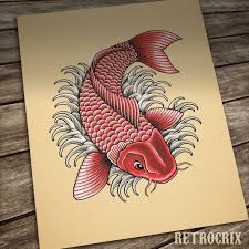 Koi fish themselves are filled with even though koi fish that come with lotus flowers are monochrome, the lotus is often colored pink or blue although these types of koi fish tattoo designs look frightening at first and can intimidate someone. Koi Tattoo Print Old School Tattoo Etsy Koi Tattoo Old School Tattoo School Tattoo