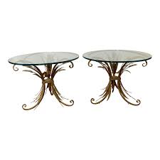 Rattan dining set consisting of glass top pedestal table and four armchairs. Mid 20th Century Glass Top Metal Wheat Sheaf Side Tables A Pair Design Plus Gallery