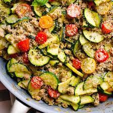 This healthy meatloaf recipe made with lean ground very good and the low calories was great. This 30 Minute Healthy Ground Turkey Zucchini Skillet With Pesto Is Delicious Low Ca Ground Turkey Recipes Healthy Healthy Ground Turkey Healthy Turkey Recipes