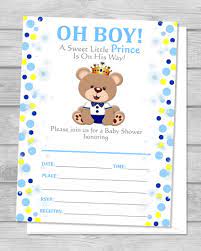 Amazon Com Prince Teddybear Baby Shower Invitations Fill In The Blanks 4 25 X 5 5 Set Of 20 Prince Teddy Bear Baby Shower Invites With Envelopes Teddybear Blue Polka Dots Invitations For Baby Boy