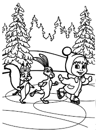 Masha And The Bear Skiing In Winter Season Coloring Pages Color Luna Sketsa