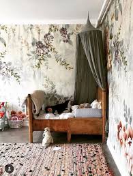 Whimsical Child S Room With Vintage Floral Wallpaper Antique Bed And Olive Green Canopy Vintage Kids Room Bedroom Vintage Girl Room
