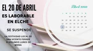 A partir de las 12 del mediodía de este lunes regirá la medida de «pico y placa» para los vehículos que retornan a bogotá del puente festivo, a su paso por el municipio de soacha, esto es, por la autopista. El Dia 20 De Abril De 2020 En Elche Deja De Ser Festivo Y Pasa A Ser Laborable
