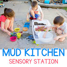 I'm so excited that we finally did our first sensory bin with my little boy! Diy Mud Kitchen An Outdoor Sensory Activity Busy Toddler