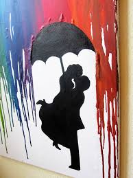 Crayon Art Kunst Aus Wachsmalstiften Fohn Schmelzen Regenschirm Paar Hochzeit Liebe Silouette Umbre Bunte Kunst Wachsmalstifte Selbstgemachte Leinwand