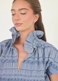 Vicki Short Sleeve Top Blue Floral Jacquard