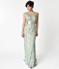 Sage Green Lace Satin Belted Embellished Prom Gown Unique Vintage Green Evening Gowns Evening Gowns With Sleeves Green Dress With Sleeves