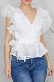 Ruffle Sleeve See Through Plain V Neck Short Sleeve Women S Blouse Women Blouses Fashion Blouses For Women Fashion