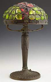 Maybe you would like to learn more about one of these? Patinated Spelter Chunk Glass Lamp C 1910 Probably Austrian The Leaded Shade Within A Relief Decorated Art Glass Lamp Art Glass Lighting Art Nouveau Lamps