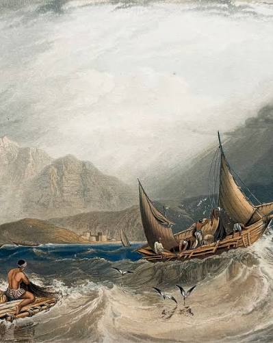Fishing Boats in the Monsoon, Northern part of Bombay Harbour This hand-coloured aquatint, after a drawing by the marine painter Clarkson Stanfield, depicts native fishing boats labouring in a heavy monsoon sea