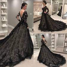 Discountreal Image Black Gothic Wedding Dresses 2019 Long Sleeve V Neck Backless Sweep Train Lace Illusion Bodice Garden Country Chapel Bridal Gowns From Yimi12 Black Lace Wedding Dress Black Wedding Dress