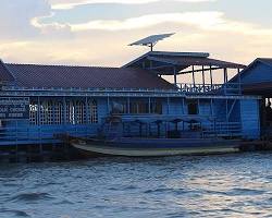 Image of majestic Spotbilled pelican gliding over the tranquil waters of Tonle Sap Lake