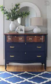 I am head over heels for this pine farm table! Dresser Makeover In Navy And Brass Saw Nail And Paint Refurbished Furniture Furniture Makeover Diy Furniture Diy