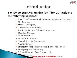 When developing an emergency response plan for your workplace you must first establish an emergency control organisation (eco). Introduction The Emergency Action Plan Eap For Csp Includes The Following Sections Contact Information And Emergency Response Procedures Fire Emergency Ppt Download