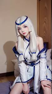 Kagura mobile legends , long white hair, blue eyes,Naked Kagura has just  finishe - SeaArt AI