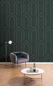 Dark Green Art Deco Wallpaper Geometric Lines Muralswallpaper Art Deco Living Room Art Deco Bedroom Interior Deco