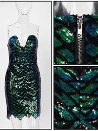 Taylored2fashion Sky Green Black Deep V Strapless Geometric Sequin Mini Dress