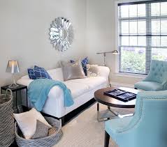 Gray Turquoise Blue Modern Living Room Design With Silver Sunburst Mirror White Rolled Silver Living Room Living Room Turquoise Turquoise Living Room Colors