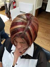 Deep Red Dark Brown And Blonde Highlights Short Hair Stacked Bob Hair Styles Short Hair Styles Wedge Hairstyles