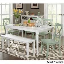 Simple Living 6 Piece Albury Dining Set With Dining Bench White Table Mint Chairs Green Dining Set With Bench Primitive Dining Rooms Dining Furniture Sets