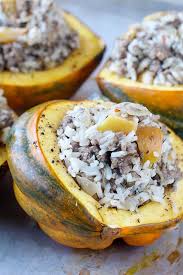 Stuffed Acorn Squash With Beef Apple Rice Recipe Acorn Squash Acorn Squash Recipes Recipes