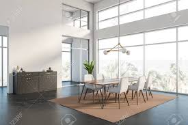 To show your favorite collections. Corner Of Panoramic Dining Room With White Walls Concrete Floor Brown Carpet Long Rectangular Table With White Chairs And Black Cabinet 3d Rendering Stock Photo Picture And Royalty Free Image Image 127789990