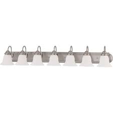 Glomar 7 Light Brushed Nickel Vanity Light With Frosted White Glass Hd 3283 The Home Depot Vanity Lighting White Glass Vanity Light Fixtures
