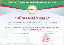 CHỨNG NHẬN ĐẠI LÝ PHÂN PHỐI ĐỘC QUYỀN MÁY BIẾN ÁP KHÔ