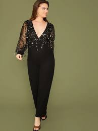 Shein Plus Plunge Sheer Sleeve Sequin Fringe Jumpsuit Without Belt Shein Uk