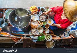 Top View Old Woman Cooking Thai Noodle Soup Tom Yam Style On Thai Tradition Boat In Local Floating Market Famou Market Illustration Woman Cooking Stock Photos