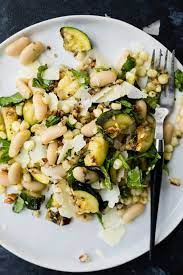 Grilled Zucchini Salad With Corn And Marinated White Beans Recipe Vegetarian Recipes Grilled Zucchini Zucchini Salad