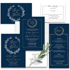 Wedding Invitation Navy Blue And Gold Wreath Vintage Styling Navy Wedding Invitations Navy Blue Wedding Invitations Monogram Wedding Invitations