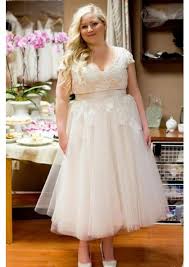 Tidebuy online sale high quality and stylish plus size wedding dresses. 2020 Cheap A Line Tulle Tea Length Capped Sleeves Lace Plus Size Short Wedding Dresses