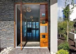 Modern Wooden Front Door Glass Elements Natural Stone Facade House Entrance Ideas Modern Front Door Front Door Design Custom Front Doors