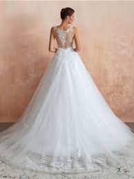 Prinzessin Brautkleid Lang Weiss Tull Spitze Rucken Transparent Mit Schleppe