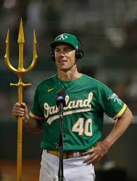 Oakland athletics pitcher chris bassitt holds a trident while interviewed after the athletics defeated the los angeles angels in a baseball game in oakland, calif., thursday, may 27, 2021. A S Chris Bassitt Conducts Post Game Interview With Trident