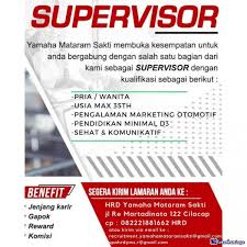 569 purwokerto, banyumas dan anda bisa mengunjunginya untuk test drive, mendapatkan penawaran terbaik, membeli mobil yamaha. Lowongan Kerja Supervisor Sales Counter Marketing Yamaha Mataram Sakti