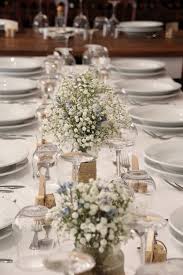 Rustic Wedding Amongst The Vineyards Simple Styling With Babies Breath Wax Flower In Mason Jars Www Hunterval Flower Bouquet Wedding Wedding Wax Flowers
