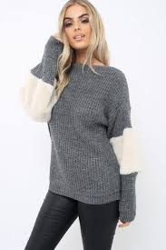 A smart alternative to a hoodie, this jumper looks great with black or blue jeans. Dark Grey Chunky Knit Fur Sleeve Jumper Kimberly From Rebelliousfashion On 21 Buttons