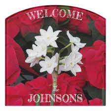 Red Poinsettias And Paperwhite Family Name Welcome Door Sign Zazzle Com Door Signs Welcome Door Signs Poinsettia