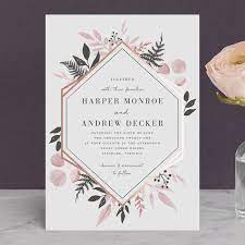 Blush And Greenery Wreath Hexagon Wedding Invitation With Rose Gold Edges Foil Pressed Wedding Invitations Foil Stamped Wedding Invitations Wedding Invitations