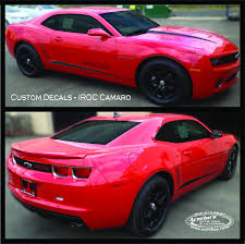 Black And Red Camaro Rims Red Chevrolet Camaro With Custom Hood Slash Decals Side Rocker Stripes And Iroc Decal Edition Also Blacked Out C Black Camaro Chevrolet Camaro Chevy Camaro