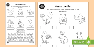 There are pets named sexy, refrigerator, and envelope! Middle East Phase 5 Phonics Name The Pet Worksheet