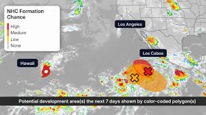Hurricane season tracking map showing tropical storm activity in the Pacific and Atlantic