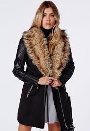 Missguided Orla Faux Fur Leather Biker Sleeve Coat Black Black Faux Fur Coat Womens Faux Fur Coat Fur Coats Women