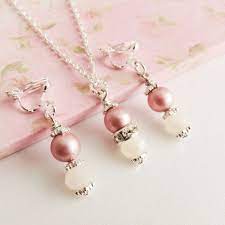 Blush Pink Flower Girl Jewelry Set Little Girl Necklace Clip On Pearl Earrings Wedding Je Flower Girl Jewelry Set Flower Girl Jewelry Clip On Pearl Earrings