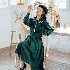 ロング丈ワンピース 可愛いワンピース 刺繍ワンピース レディースファション s m l 折り襟 長袖 着痩せ 合わせやすい レトロ グリーン 緑 美品 ワンピース 刺繍 ワンピース 緑 ワンピース