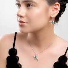 Sterling Silver Hummingbird Necklace: Turquoise & Baltic Amber Bird Pendant 